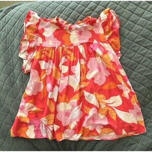 Haptics Floral Babydoll Blouse Womens L Multicolor Good Ruffle Cap Sleeve Top